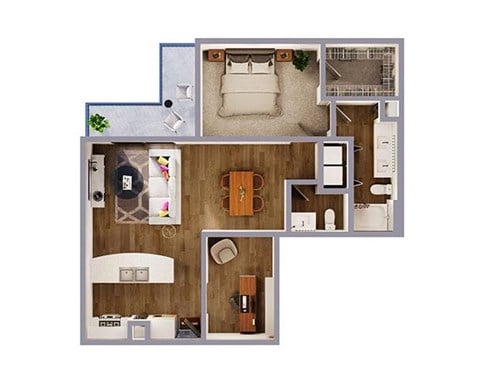 Floor plan for 1 bed, 1.5 baths, 1072 sqft