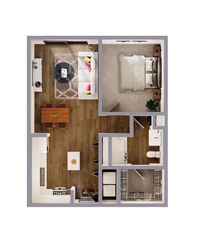 Floor plan for 1 bed, 1 bath, 702 sqft