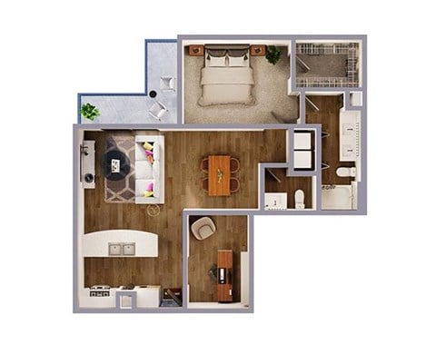 Floor plan for 1 bed, 1.5 baths, 1030 sqft