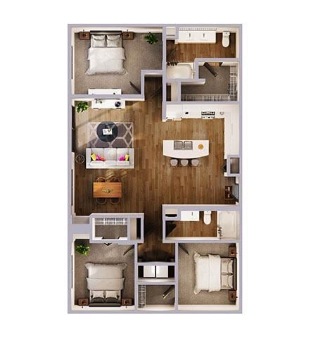 Floor plan for 3 beds, 2 baths, 1404 sqft
