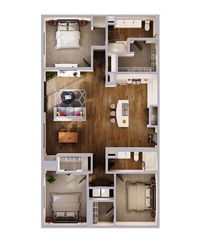Floor plan for 3 beds, 2 baths, 1550 sqft