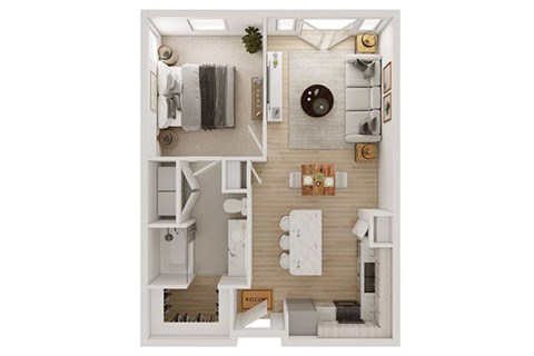Floor plan for 1 bed, 1 bath, 714 sqft
