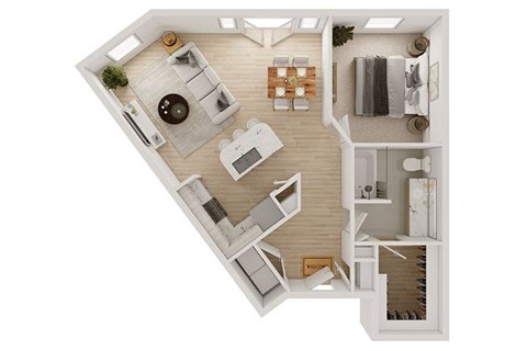 Floor plan for 1 bed, 1 bath, 844 sqft