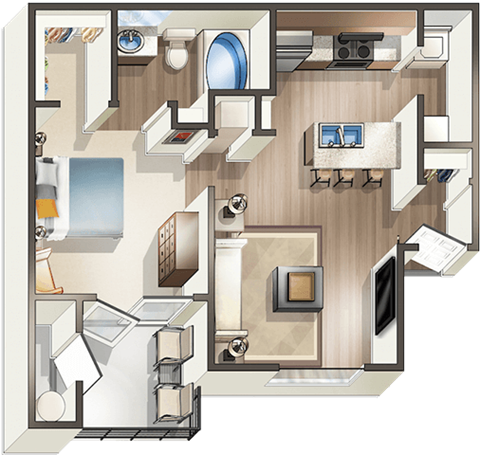 Floor plan for 1 bed, 1 bath, 628 sqft