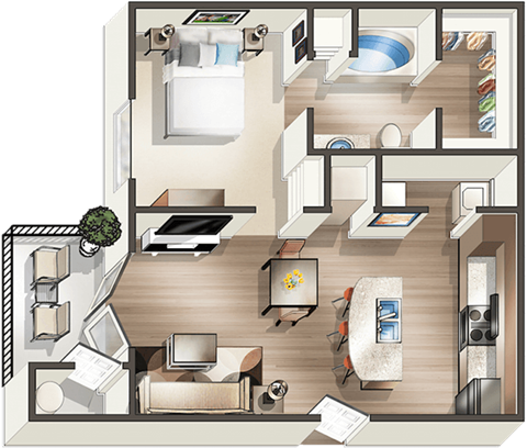 Floor plan for 1 bed, 1 bath, 697 sqft