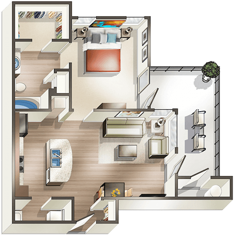 Floor plan for 1 bed, 1 bath, 757 sqft