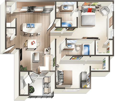 Floor plan for 2 beds, 2 baths, 959 sqft
