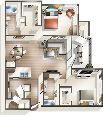 Floor plan for 2 beds, 2 baths, 1125 sqft