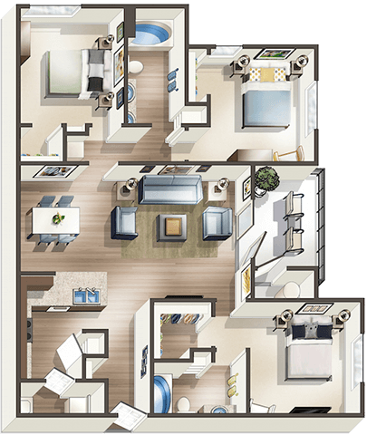 Floor plan for 3 beds, 2 baths, 1282 sqft