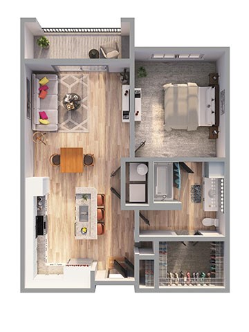 Floor plan for 1 bed, 1 bath, 727 sqft