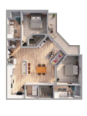Floor plan for 2 beds, 2 baths, 1230 sqft