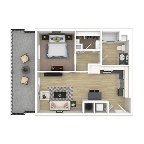 Floor plan for 1 bed, 1 bath, 624 sqft