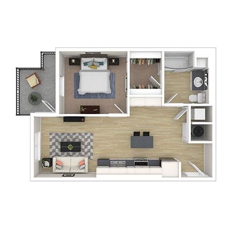 Floor plan for 1 bed, 1 bath, 672 sqft