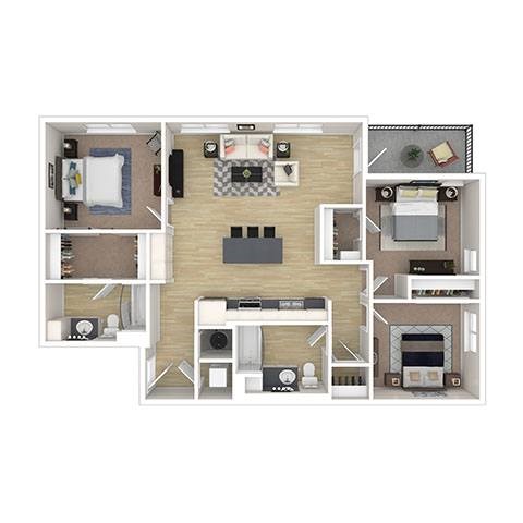 Floor plan for 3 beds, 2 baths, 1223 sqft