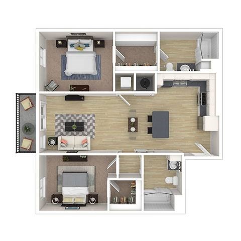 Floor plan for 2 beds, 2 baths, 965 sqft