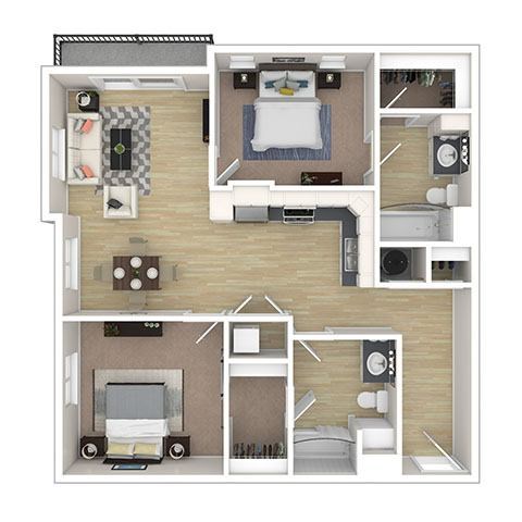 Floor plan for 2 beds, 2 baths, 992 sqft