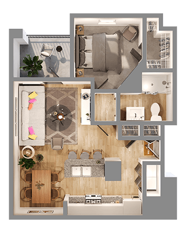Floor plan for 1 bed, 1 bath, 914 sqft