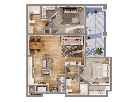 Floor plan for 2 beds, 2 baths, 1332 sqft