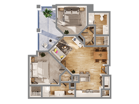 Floor plan for 2 beds, 2 baths, 1387 sqft