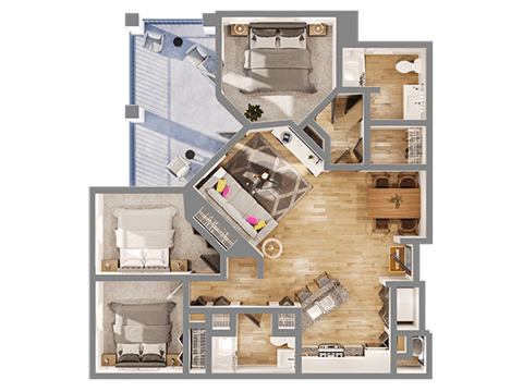 Floor plan for 3 beds, 2 baths, 1523 sqft