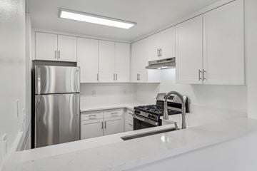 Spring Valley apartment for rent - A modern kitchen with white cabinets and stainless steel appliances.