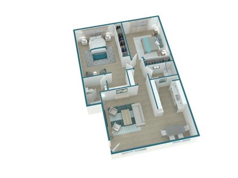 Floor plan for 2 beds, 2 baths, 975 sqft
