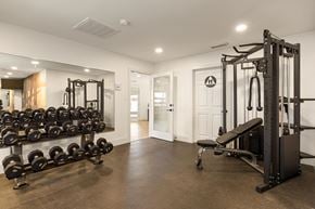 Escondido apartment for rent - A spacious home gym with a variety of equipment including dumbbells, weight plates, and a squat rack.