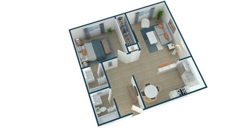 Floor plan for 1 bed, 1 bath, 767 sqft