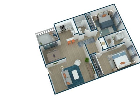 Floor plan for 2 beds, 2 baths, 940 sqft