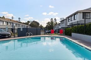 El Cajon apartment for rent - A swimming pool in a residential area with houses and trees in the background.