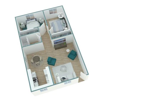 Floor plan for 2 beds, 1 bath, 735 sqft