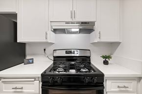 El Cajon apartment for rent - A black stove top oven with four burners and a silver range hood above it.