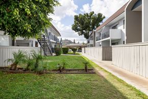 El Cajon apartment for rent - A grassy area in front of a building with a tree and a small garden.