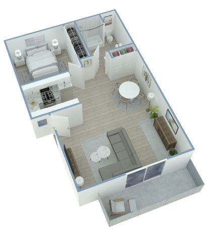 Floor plan for 1 bed, 1 bath, 697 sqft