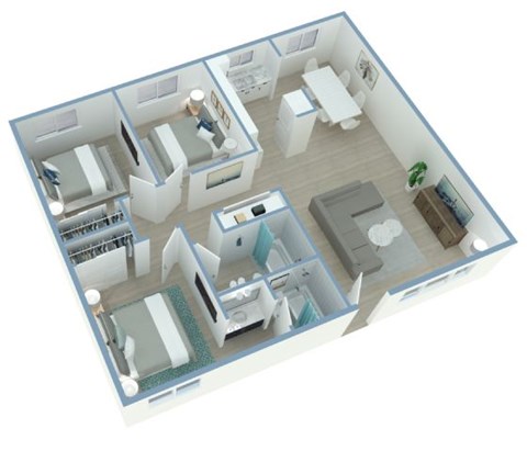 Floor plan for 3 beds, 2 baths, 1100 sqft