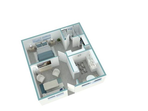 Floor plan for 2 beds, 1 bath, 858 sqft