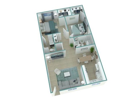 Floor plan for 2 beds, 2 baths, 889 sqft