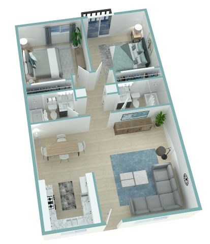 Floor plan for 2 beds, 2 baths, 961 sqft