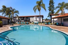 Escondido apartment for rent - A swimming pool surrounded by palm trees and a building.