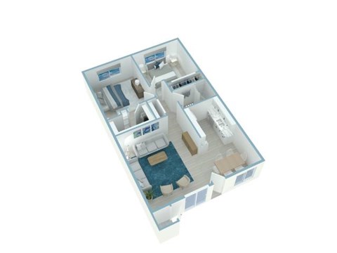 Floor plan for 2 beds, 1 bath, 888 sqft