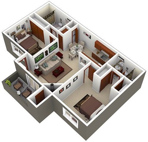 Floor plan for 2 beds, 2 baths, 880 sqft