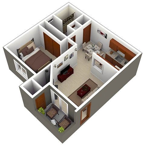 Floor plan for 1 bed, 1 bath, 640 sqft