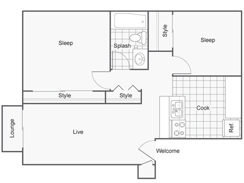 Floor plan for 2 beds, 1 bath, 840 sqft