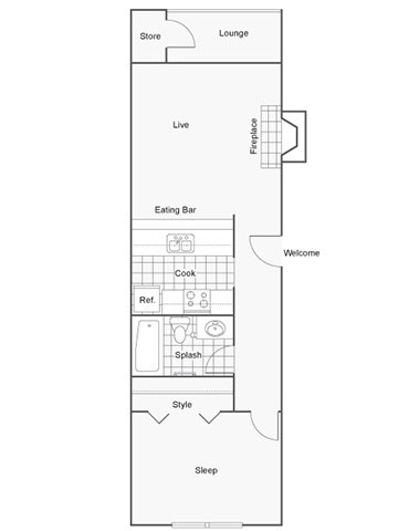 Floor plan for 1 bed, 1 bath, 620 sqft