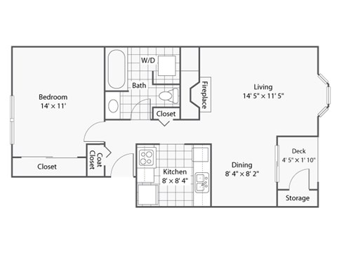 Floor plan for 1 bed, 1 bath, 705 sqft