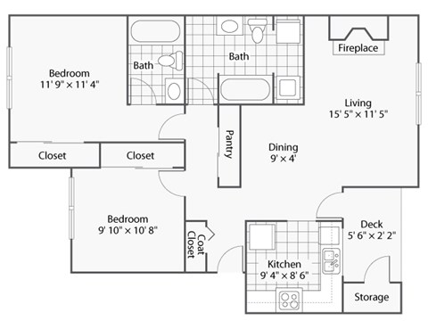 Floor plan for 2 beds, 2 baths, 956 sqft