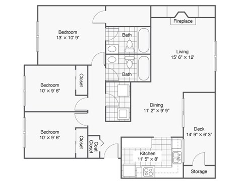 Floor plan for 3 beds, 2 baths, 1141 sqft