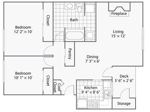 Floor plan for 2 beds, 1 bath, 856 sqft