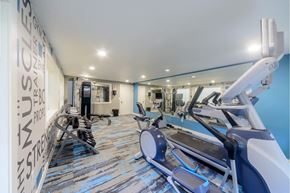 Kent apartment for rent - A gym with a row of treadmilers and a row of stationary bikes.