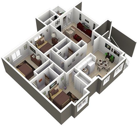 Floor plan for 3 beds, 2 baths, 1160 sqft